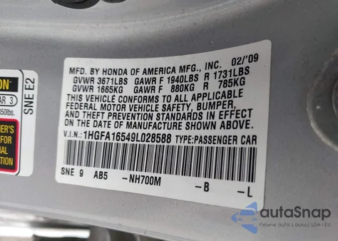 2009 Honda Civic Lx из США, поврежденный, VIN 1HGFA16549L028588